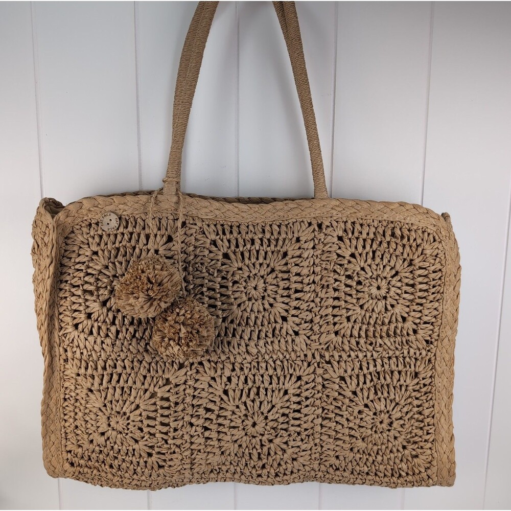 Boho Straw Tote Bag Large Woven Shoulder Beach Bag Natural FatFace Zip Close